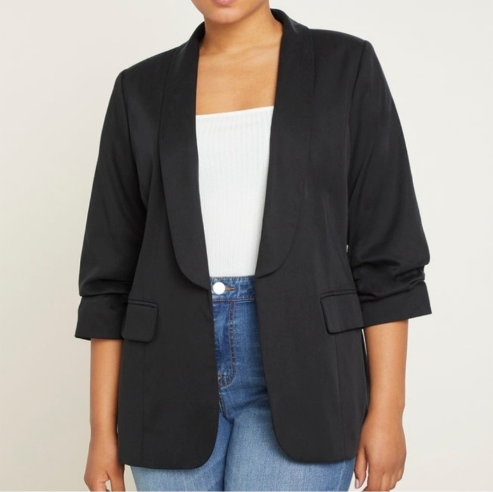 Eloquii Essential Tencel Oversize Lined Shawl Collar Crop Sleeve Open Blazer